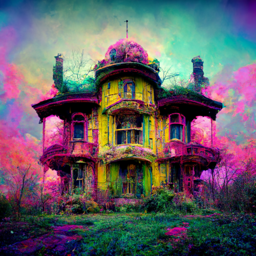 Owa1313 colourful decrepit Victorian mansion in a psychedelic d f76f8530-3c4d-45bb-be44-f2fa3062bf34